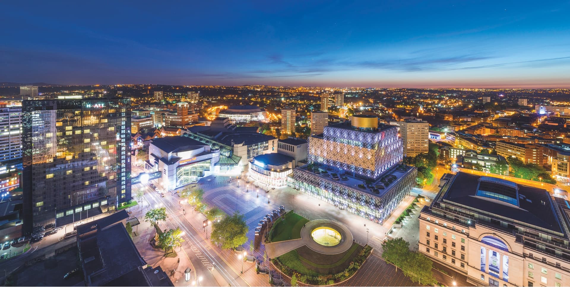 Aerial view of Centenary Square, Birmingham at night
